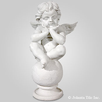 Contemplating Cherub™ - marble white cherub and his flower