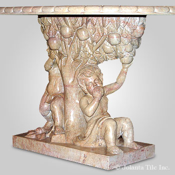 Stealing Apples™ - marble yellow table with children and apples decor.